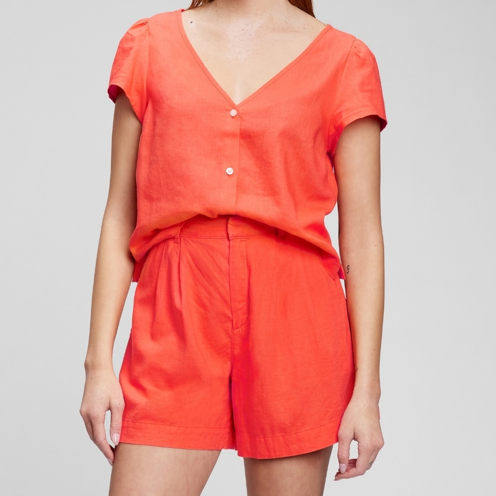 Orange Linen Cropped Button Down Top